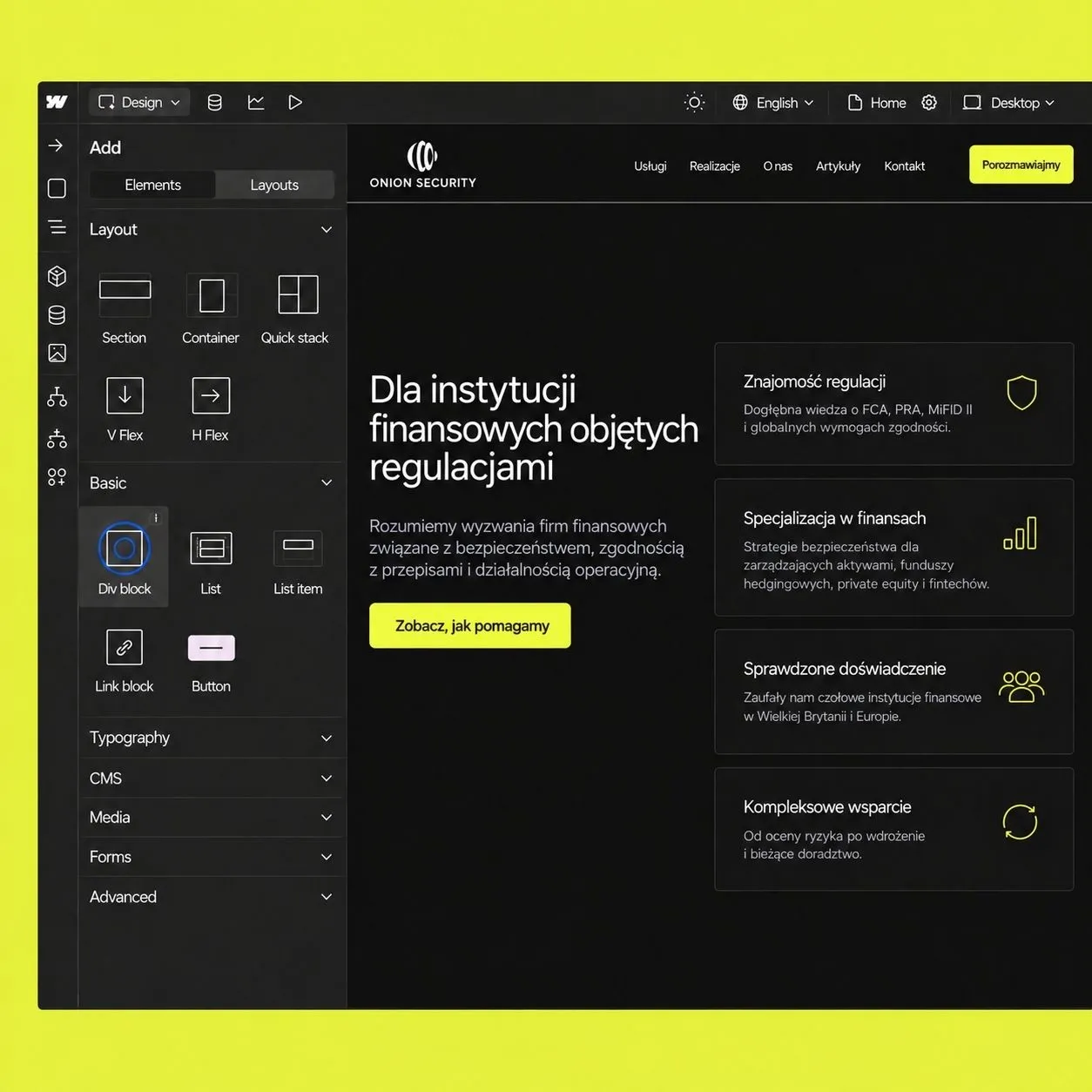 Strona Onion Security — widok desktop i mobile.