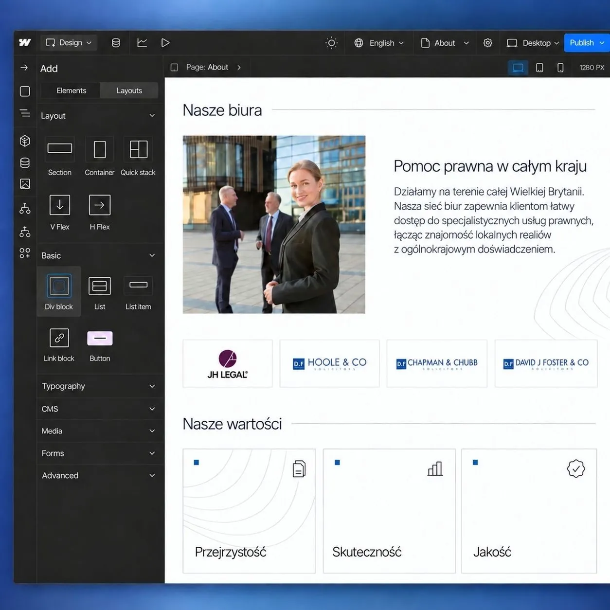 Strona DJF Solicitors — widok desktop i mobile.
