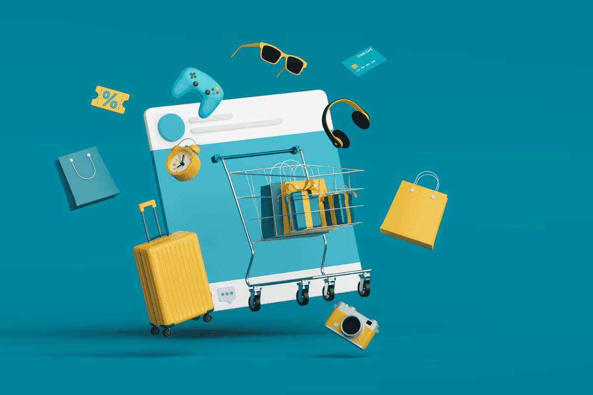 Ilustracja zakupów mobilnych i produktów w sklepie internetowym.