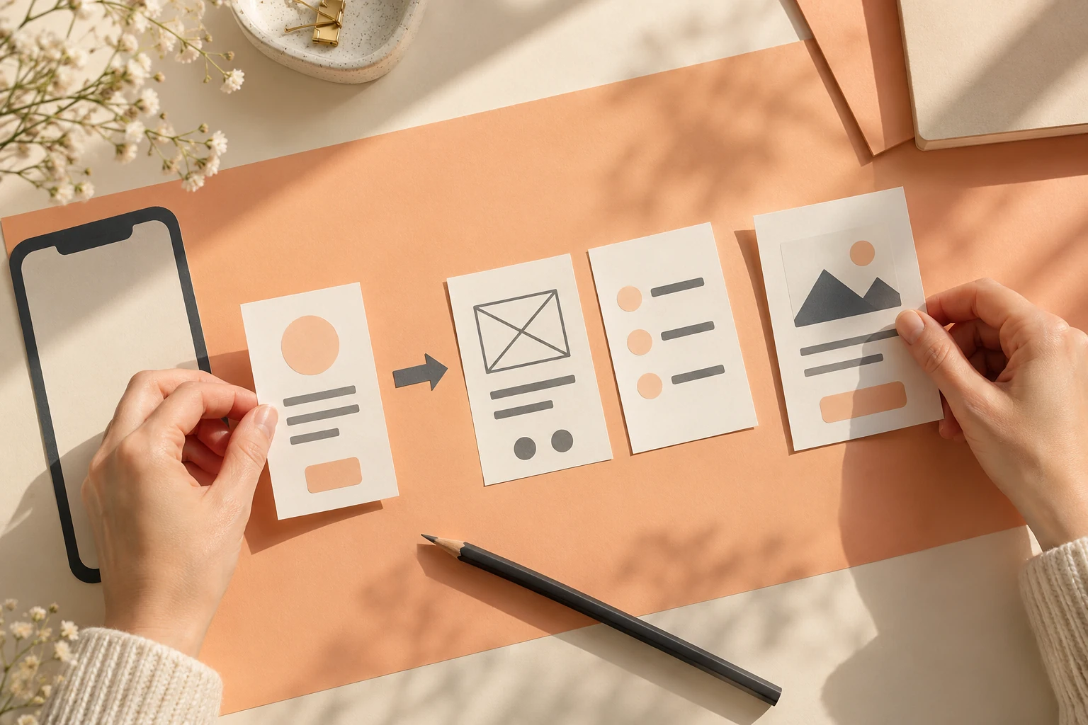 Paper interface layouts arranged to plan a user journey