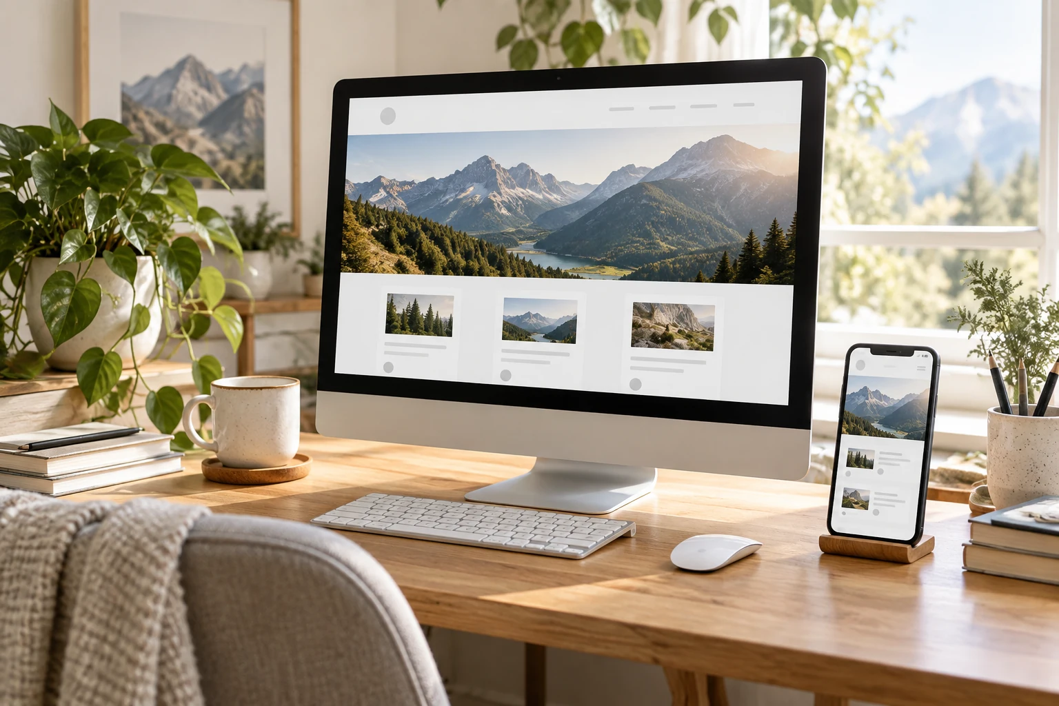 Website design workstation with a computer and planning materials