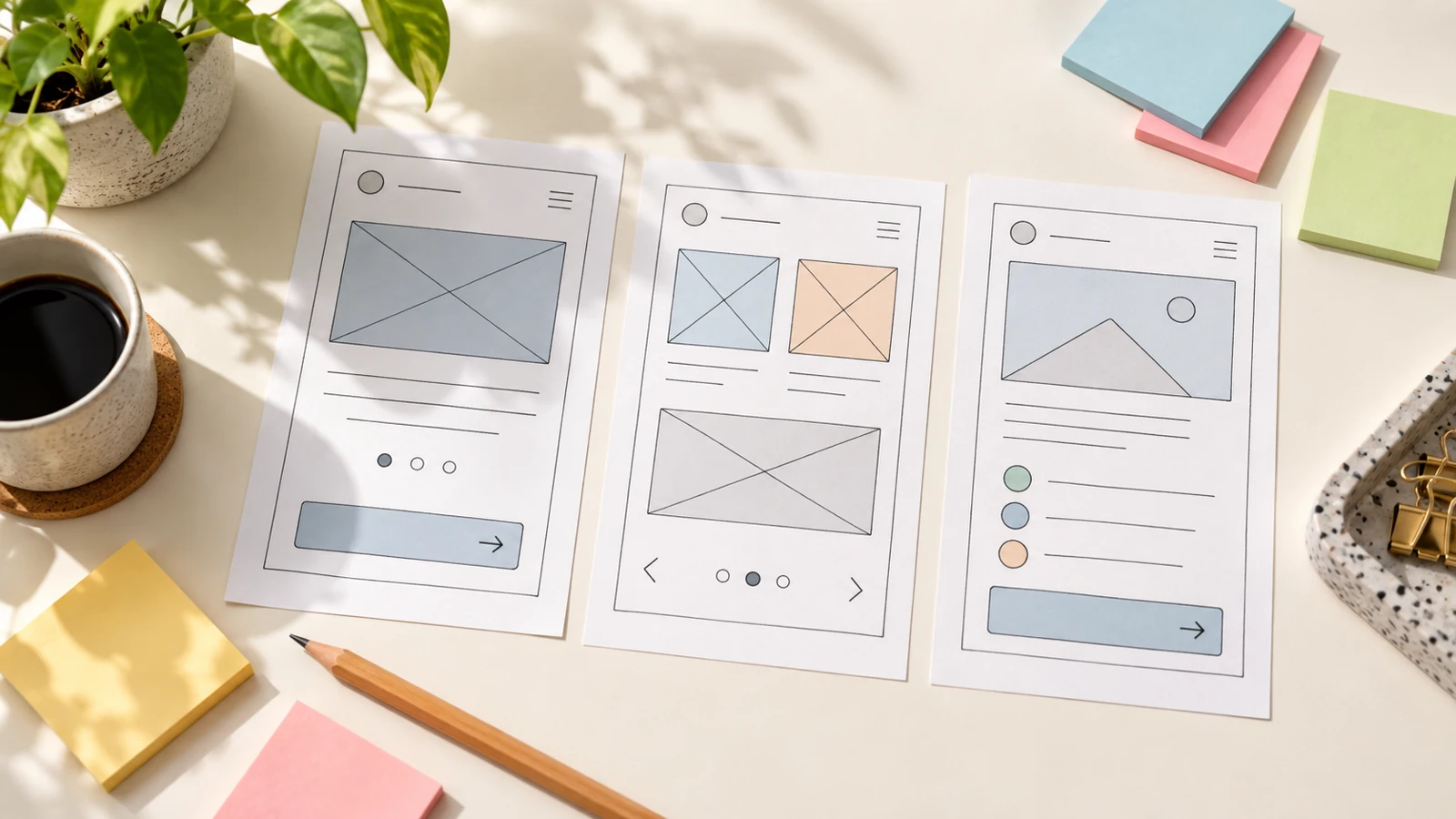 Paper website wireframes used to plan page structure