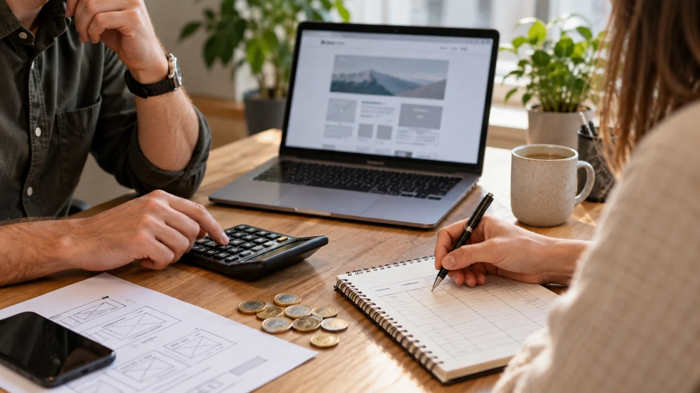Website budget discussion with a calculator, notes and laptop