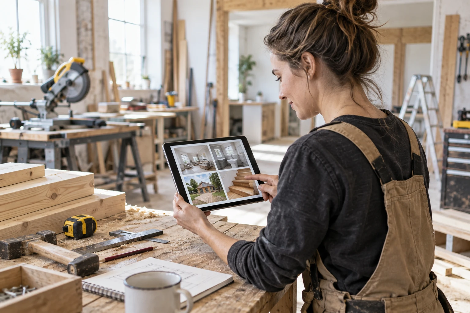 Tradesperson reviewing project photographs on a tablet in a workshop