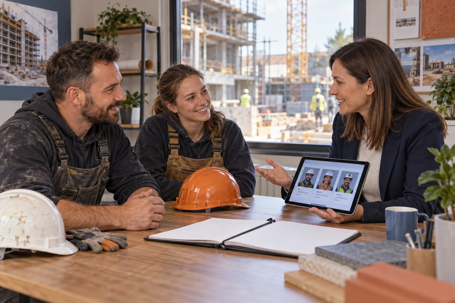 Construction team discussing recruitment and project work around a table