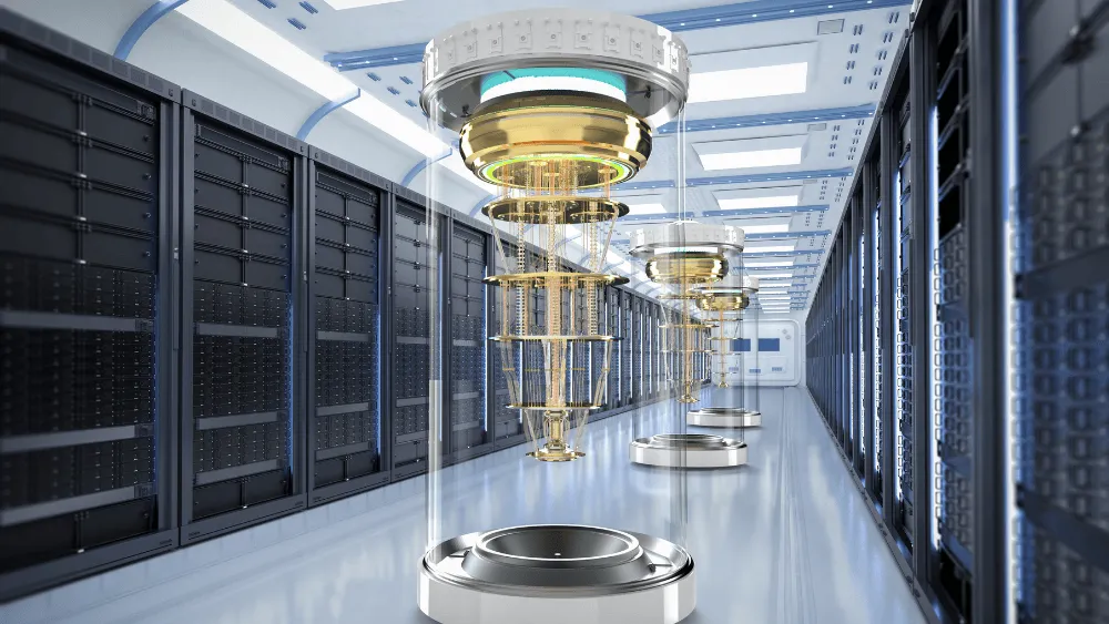 Conceptual illustration of quantum computing equipment in a server room