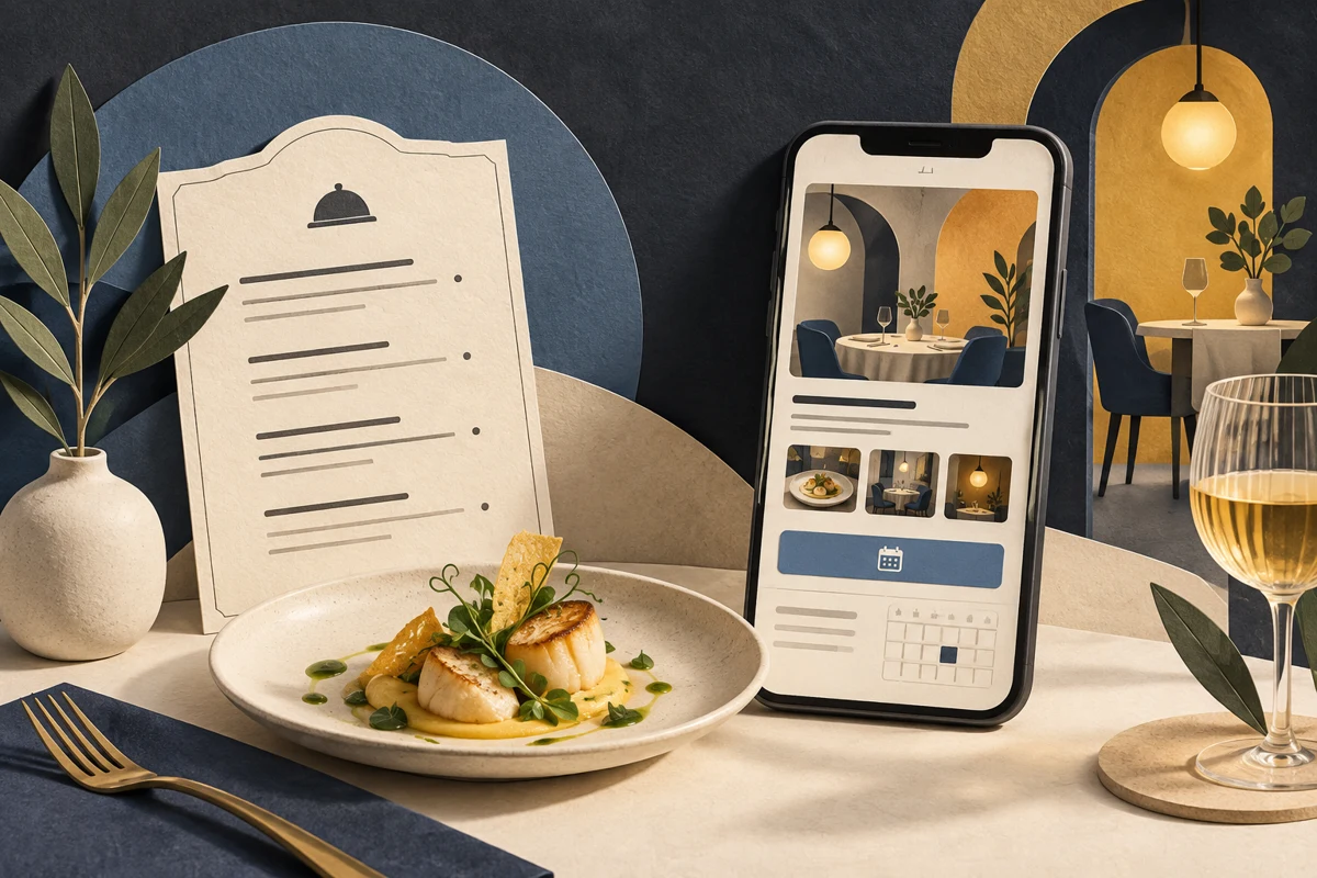 Editorial illustration of a restaurant menu, plated food and a mobile booking interface
