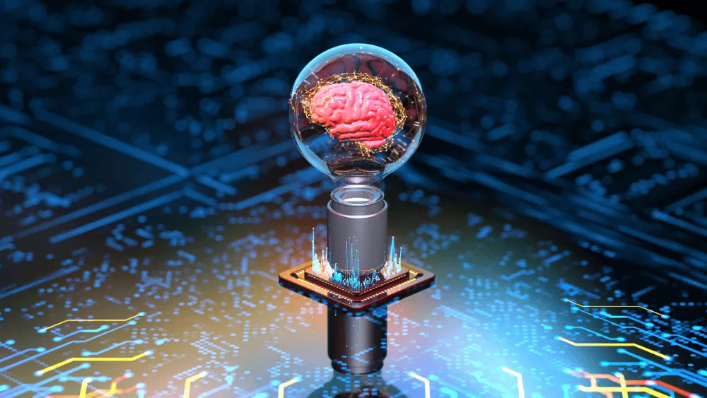 Conceptual illustration of a brain inside a glass sphere above a computer chip
