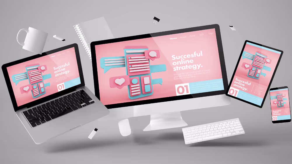 Website layouts displayed across desktop, laptop, tablet and phone screens