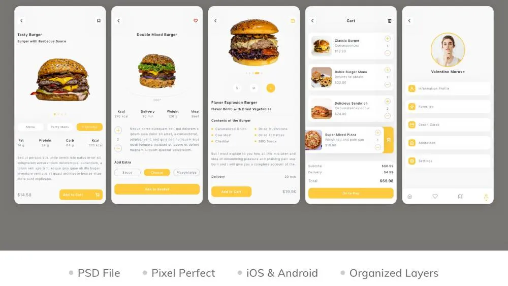 Food ordering app screens showing menu and order details