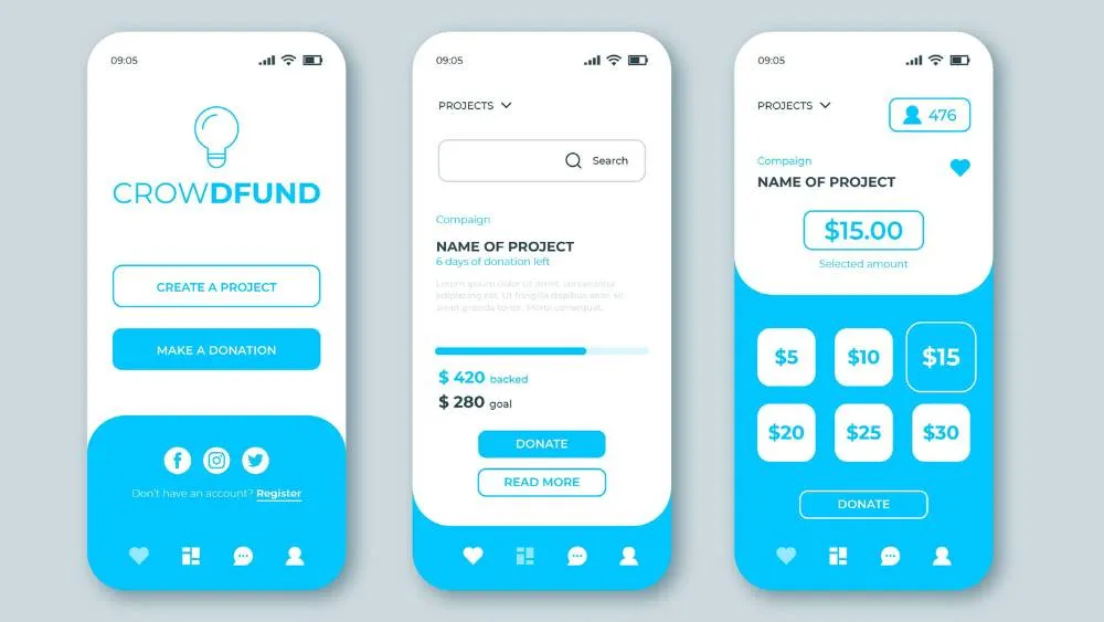 Crowdfunding app interface mockups
