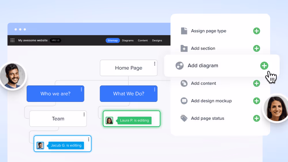 Website planning interface with page options