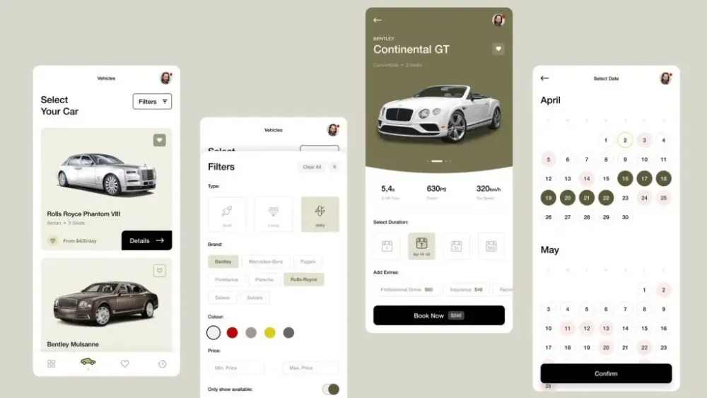 Car rental interface concept showing vehicle browsing and booking