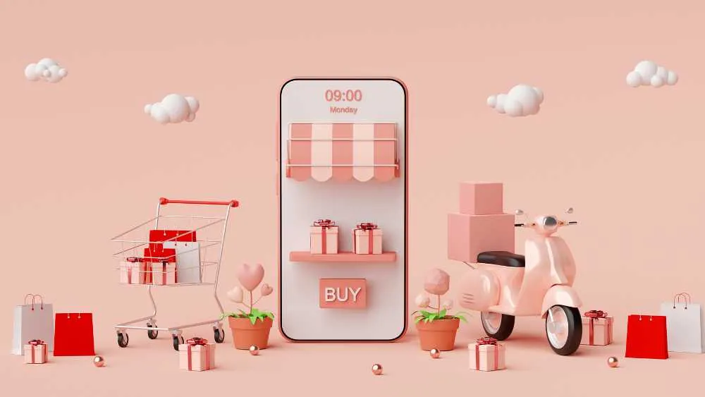 Illustration of a mobile shop surrounded by products