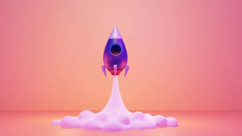 Illustrated rocket launching against a pink background