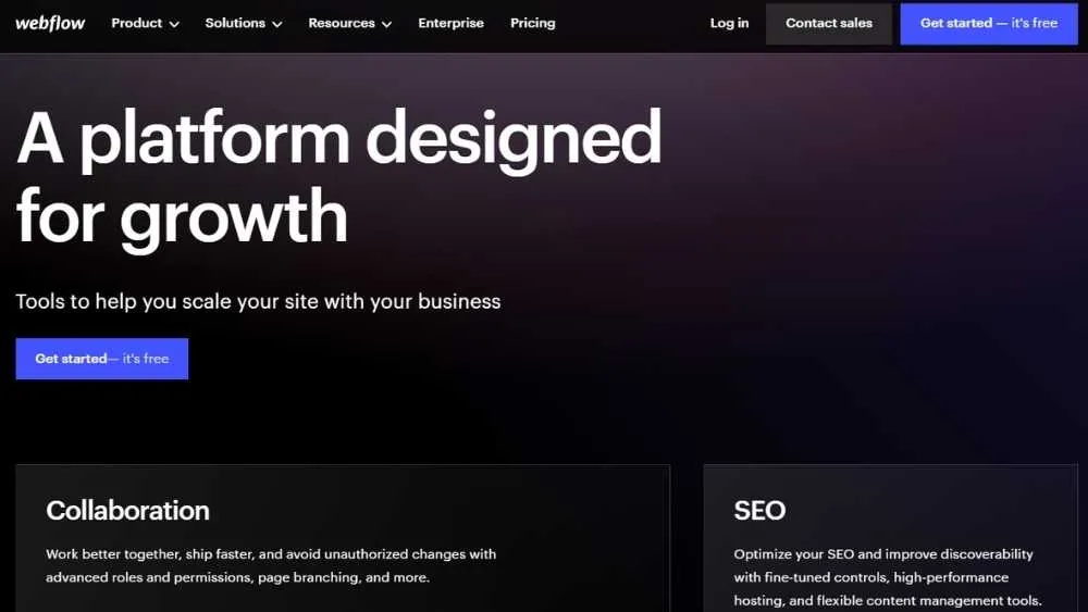 Archived Webflow homepage with the heading A platform designed for growth