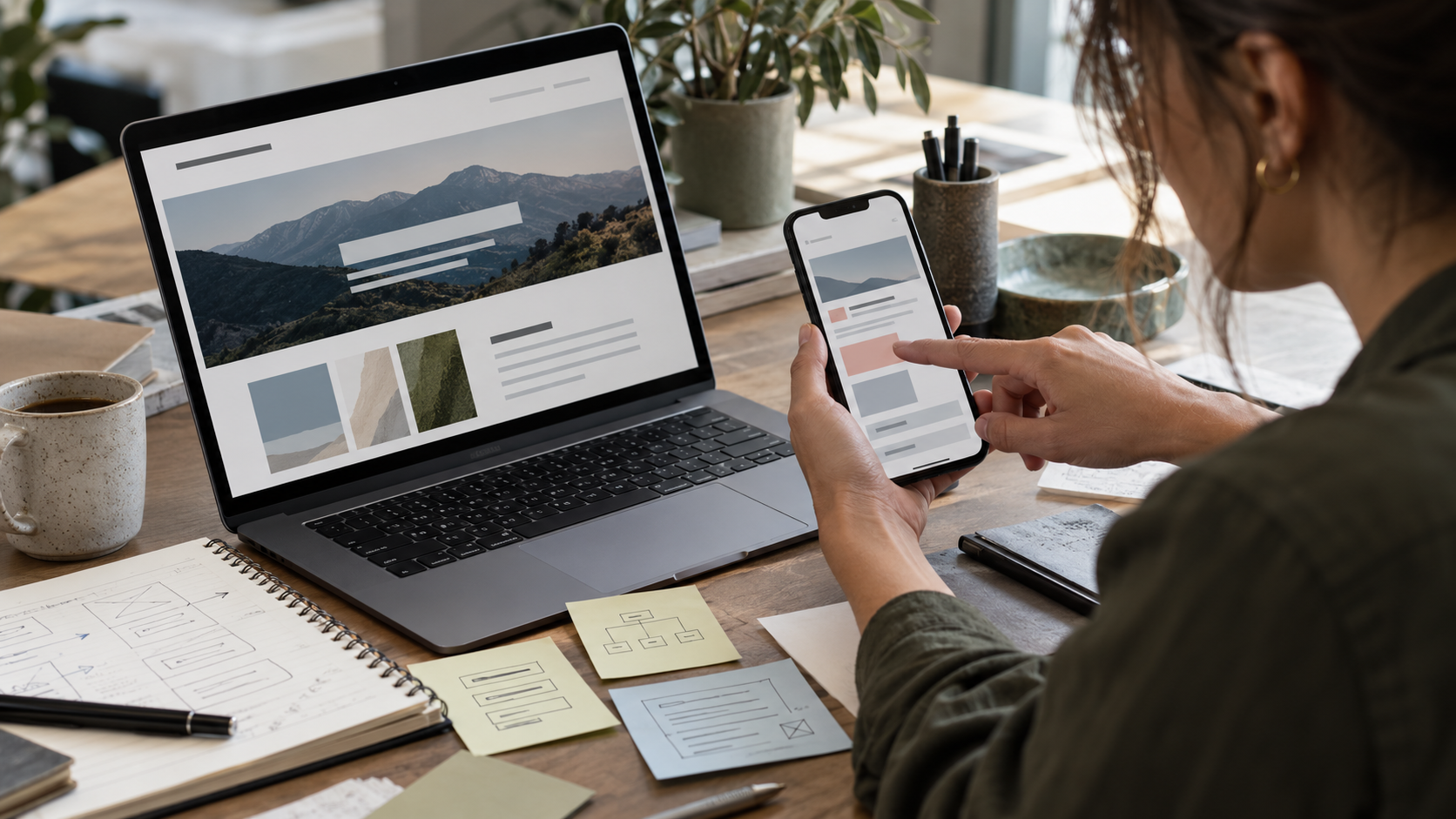 Designer reviewing a fictional website across desktop and mobile layouts