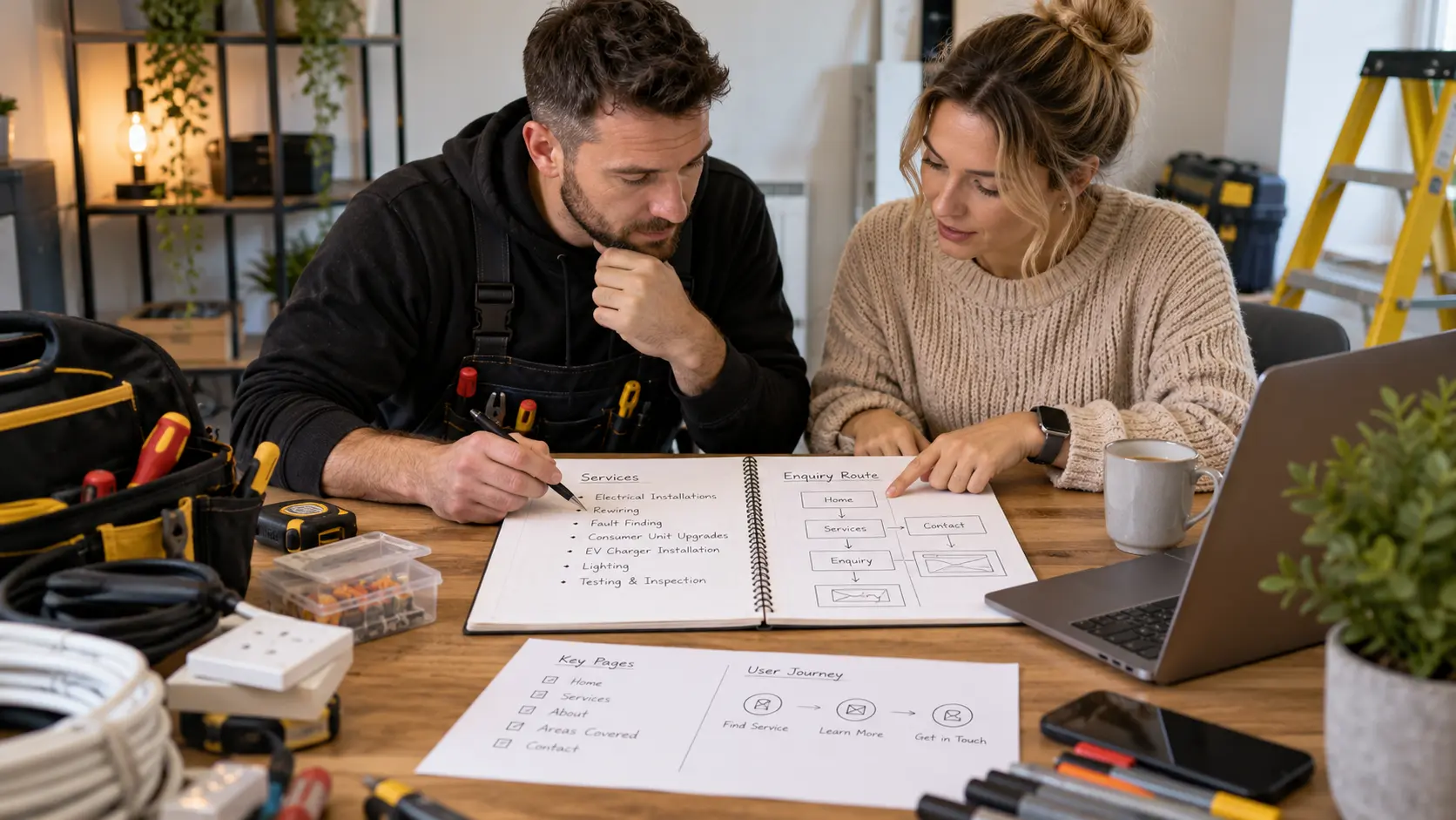 Electrical service owner and designer planning service pages and an enquiry route
