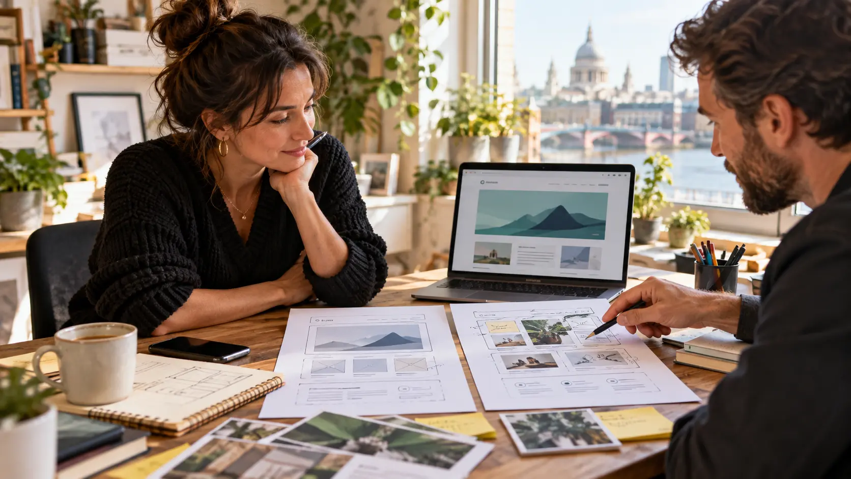 London small business owner comparing website project scopes with a designer