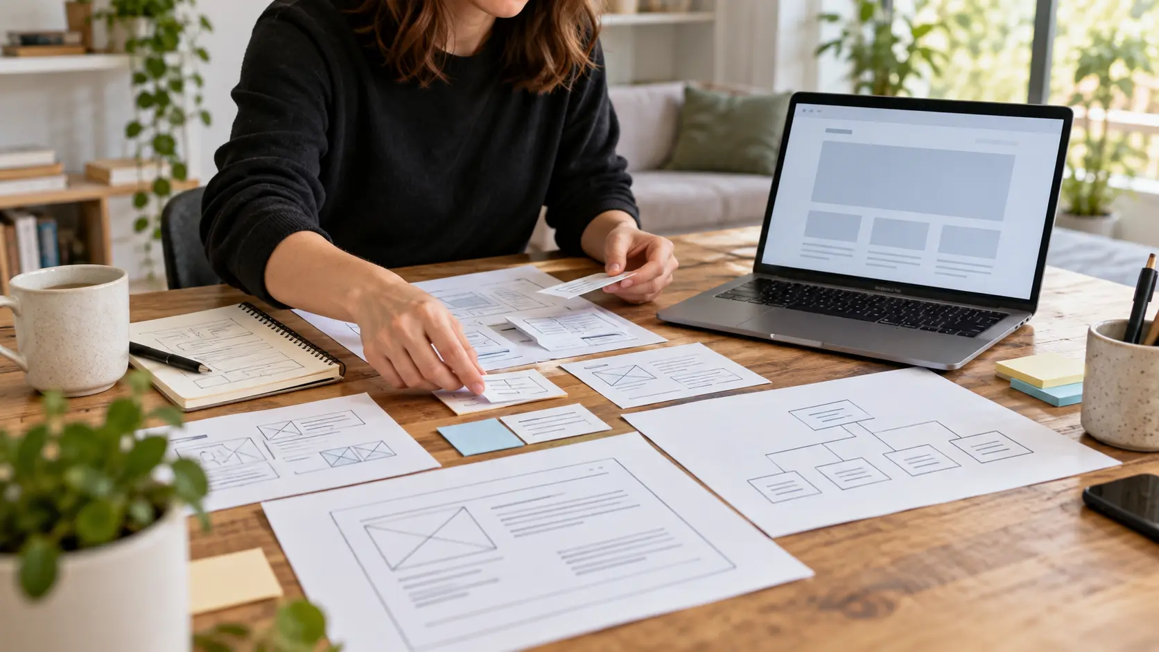 Founder arranging a content outline and page structure before building a website