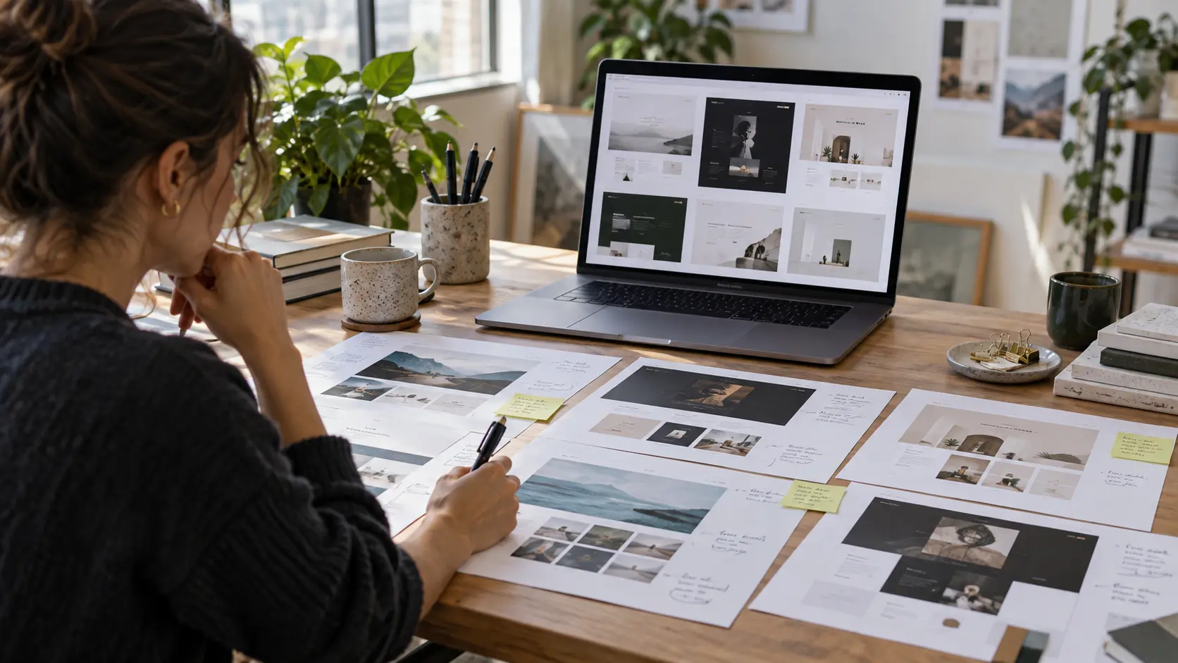 Designer comparing website template layouts and selection criteria