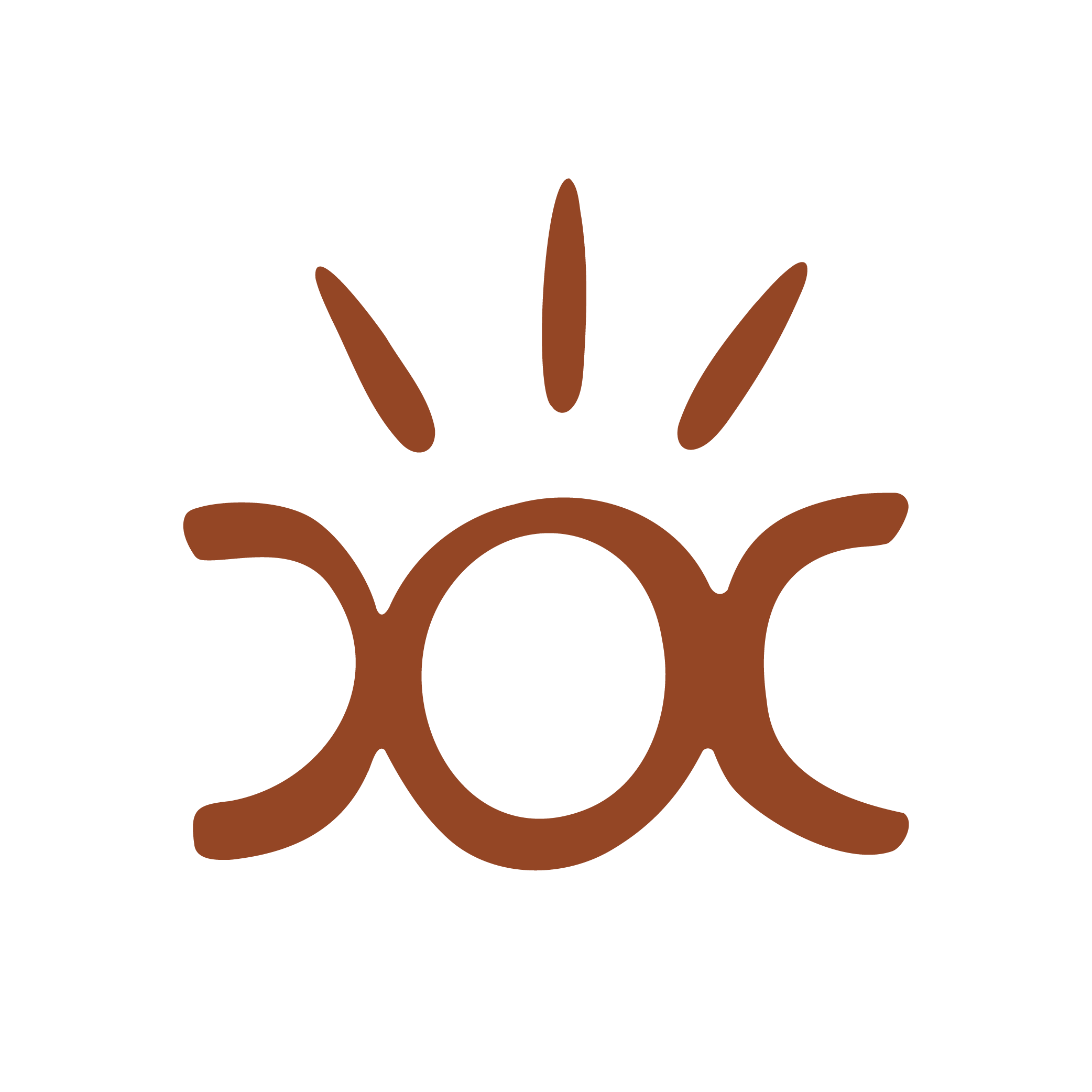 Symbole terracotta combinant une lune décroissante, un cercle central et une lune croissante avec trois traits verticaux au-dessus.