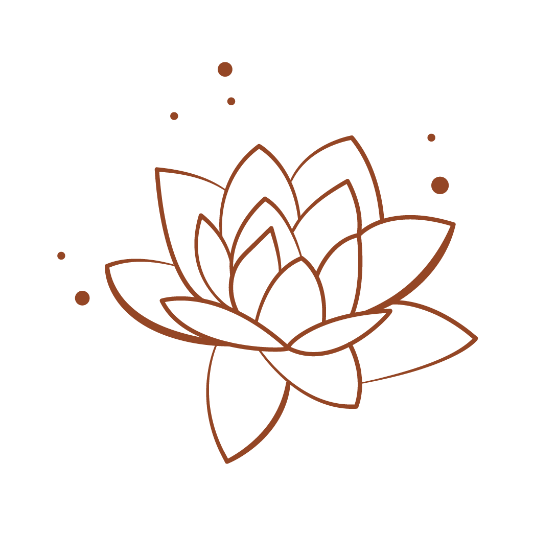 Dessin stylisé d'une fleur de lotus en contours terracotta avec des petits points autour.