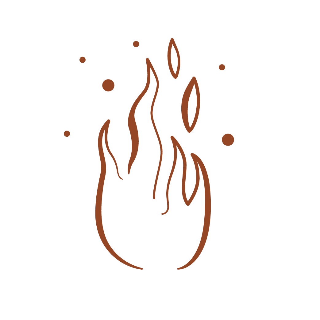 Illustration stylisée d'une flamme de couleur terre cuite avec des points dispersés autour.