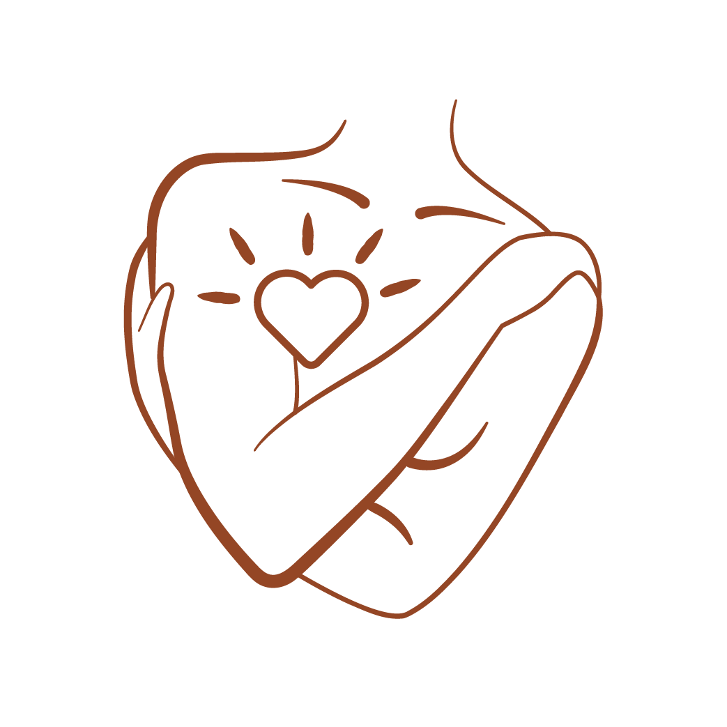 Dessin linéaire d'un buste humain avec un cœur rayonnant sur la poitrine, illustrant l'amour ou la tendresse.