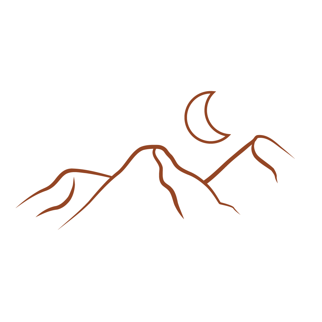Dessin minimaliste de montagnes avec un croissant de lune au-dessus en couleur terre cuite.