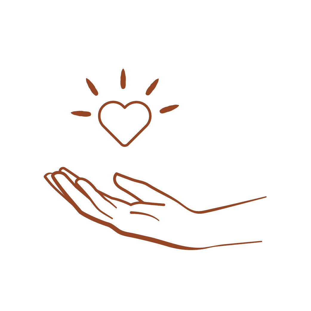 Main ouverte avec un cœur stylisé au-dessus entouré de rayons de lumière.