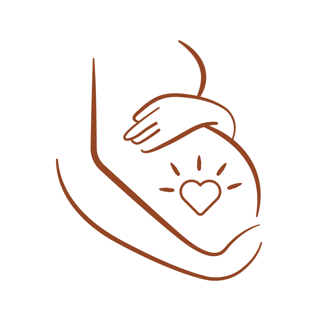 Dessin au trait terracotta simple d'un ventre de femme enceinte avec une main posée dessus et un cœur brillant au centre.