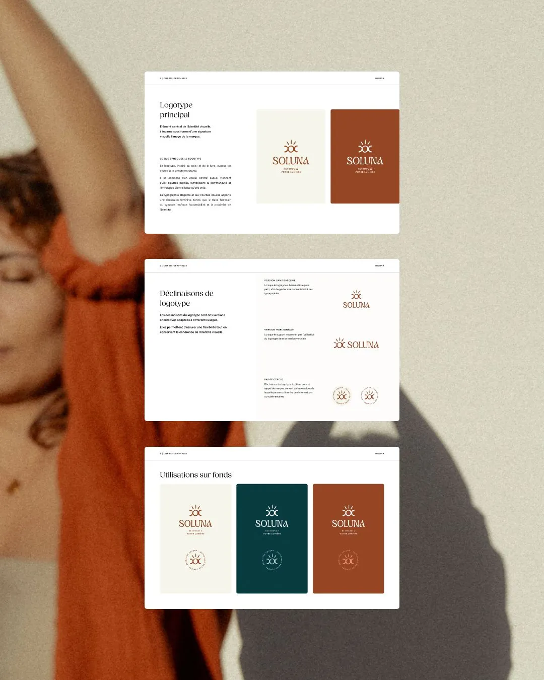 Planche de présentation de la charte graphique Soluna avec logos principaux, déclinaisons et utilisations sur différents fonds colorés beige, bleu et terracotta.