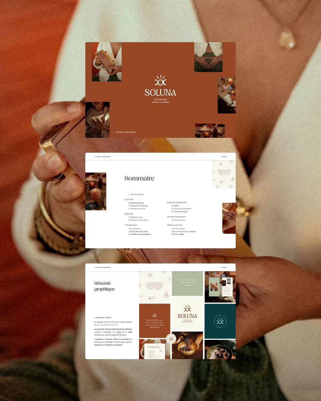 Présentation de la charte graphique de Soluna avec logo, sommaire des sections, et résumé graphique illustrant couleurs, typographies et images symboliques.