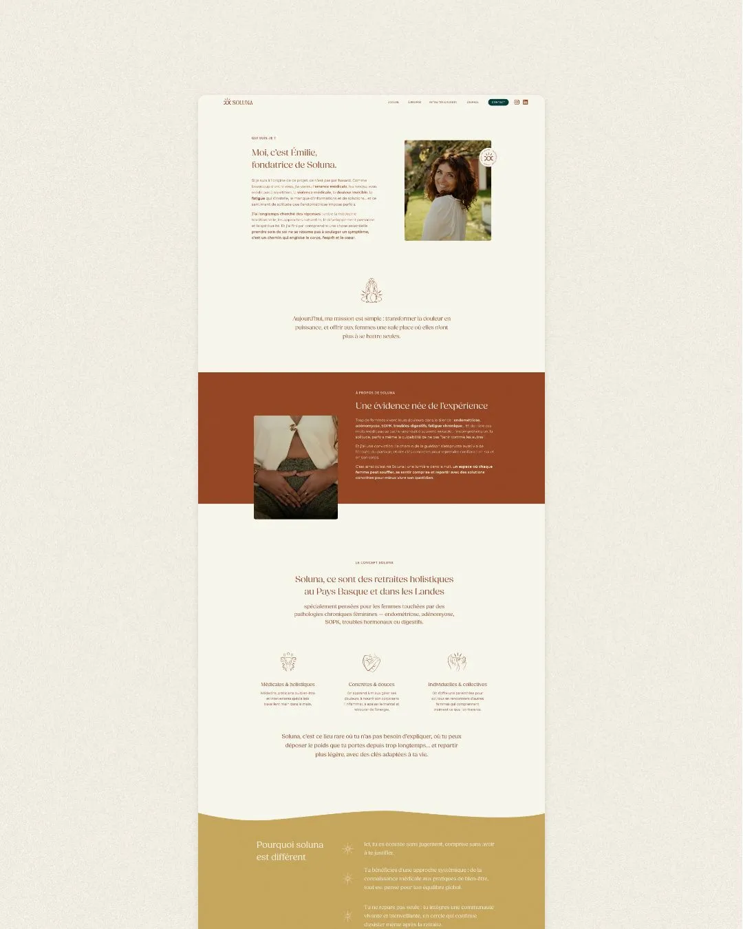 Page web présentant Émilie, fondatrice de Soluna, souriante en plein air, avec sections expliquant la mission et les retraites holistiques dédiées aux femmes.