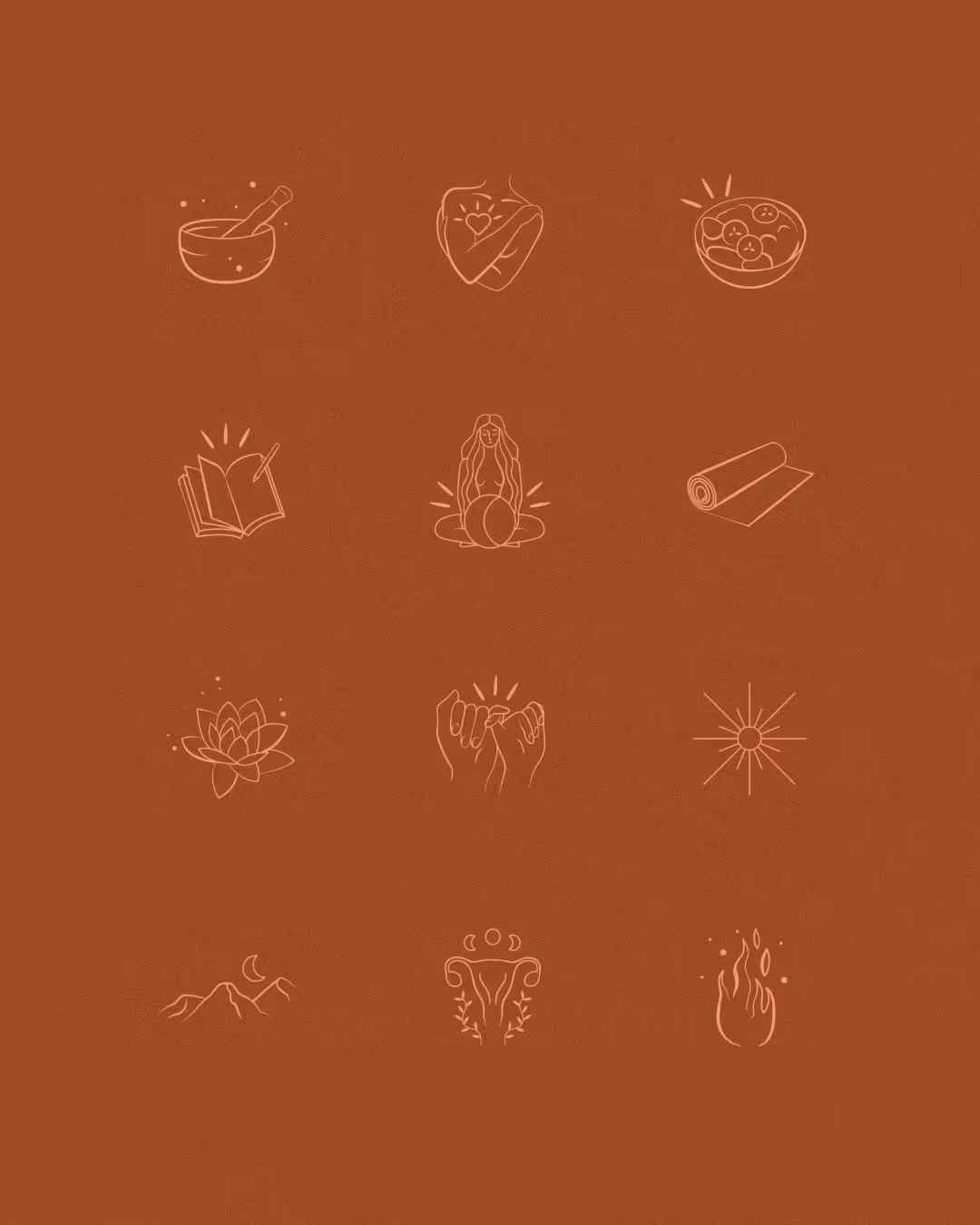 Douze icônes minimalistes orange clair sur fond marron montrant un mortier, un bras serré avec un cœur, un bol de pommes, un livre ouvert avec un crayon, une femme assise avec un ballon, un tapis de yoga roulé, une fleur de lotus, deux mains entrelacées, un soleil, des montagnes avec une lune, un utérus décoré de croissants de lune, et une flamme.