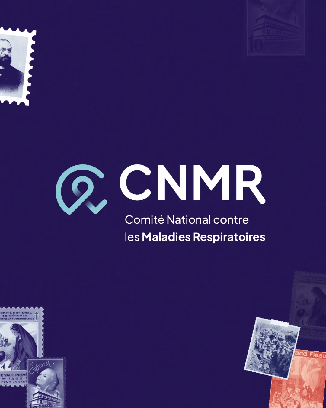 Logo du CNMR avec le texte Comité National contre les Maladies Respiratoires sur fond violet avec des timbres anciens en filigrane.