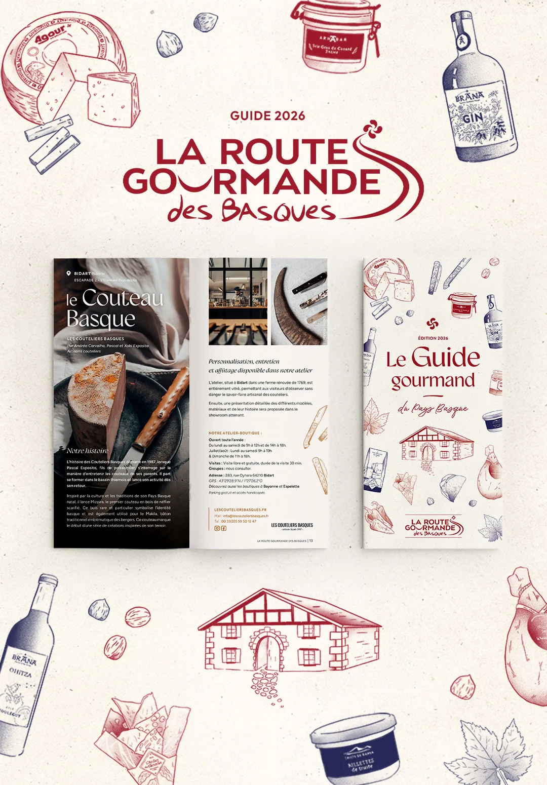 Couverture du guide 2026 La Route Gourmande des Basques avec images d'un guide ouvert présentant l'histoire du couteau basque, décorations d'aliments et boissons typiques basques.