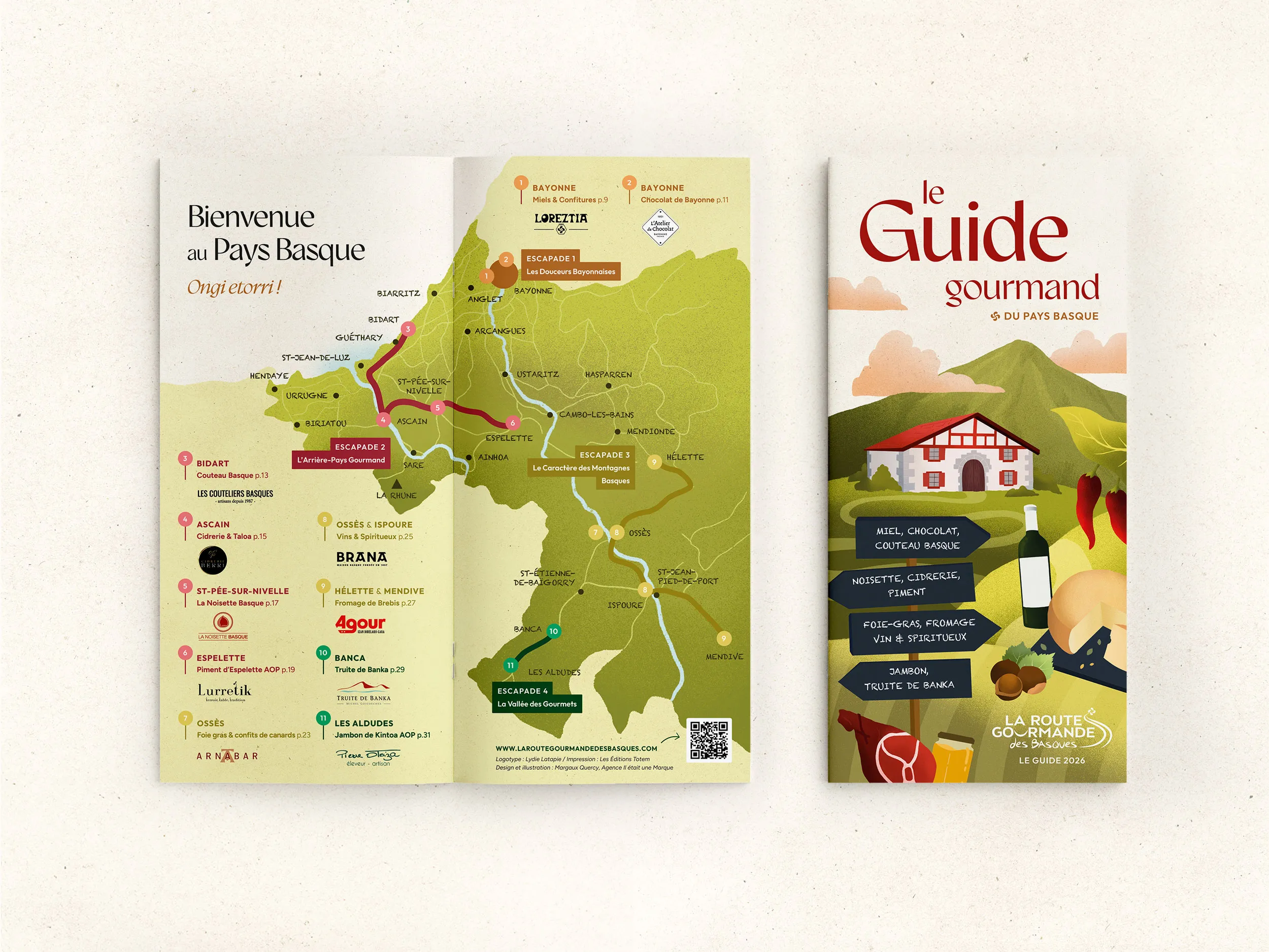 Guide gourmand du Pays Basque 2026 avec carte des escales gourmandes locales comme miel, chocolat, piment, foie-gras, fromage, jambon et truite de Banka.