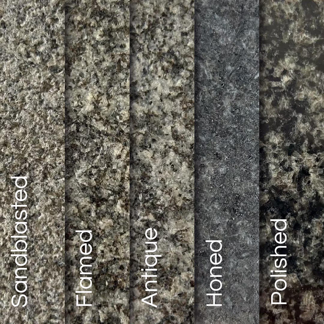 Five Rustenburg granite finish strips showing sandblasted, flamed, antique, honed, and polished surfaces
