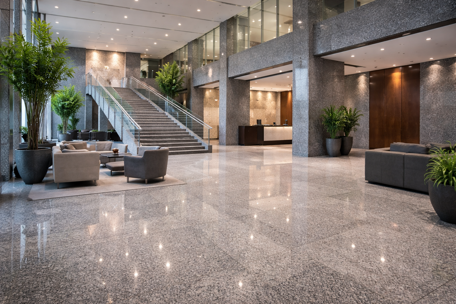 Commercial granite installation in a modern lobby showcasing large-format natural stone
