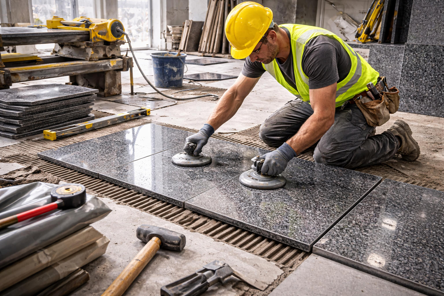 Contractor reviewing natural stone specifications on a construction site
