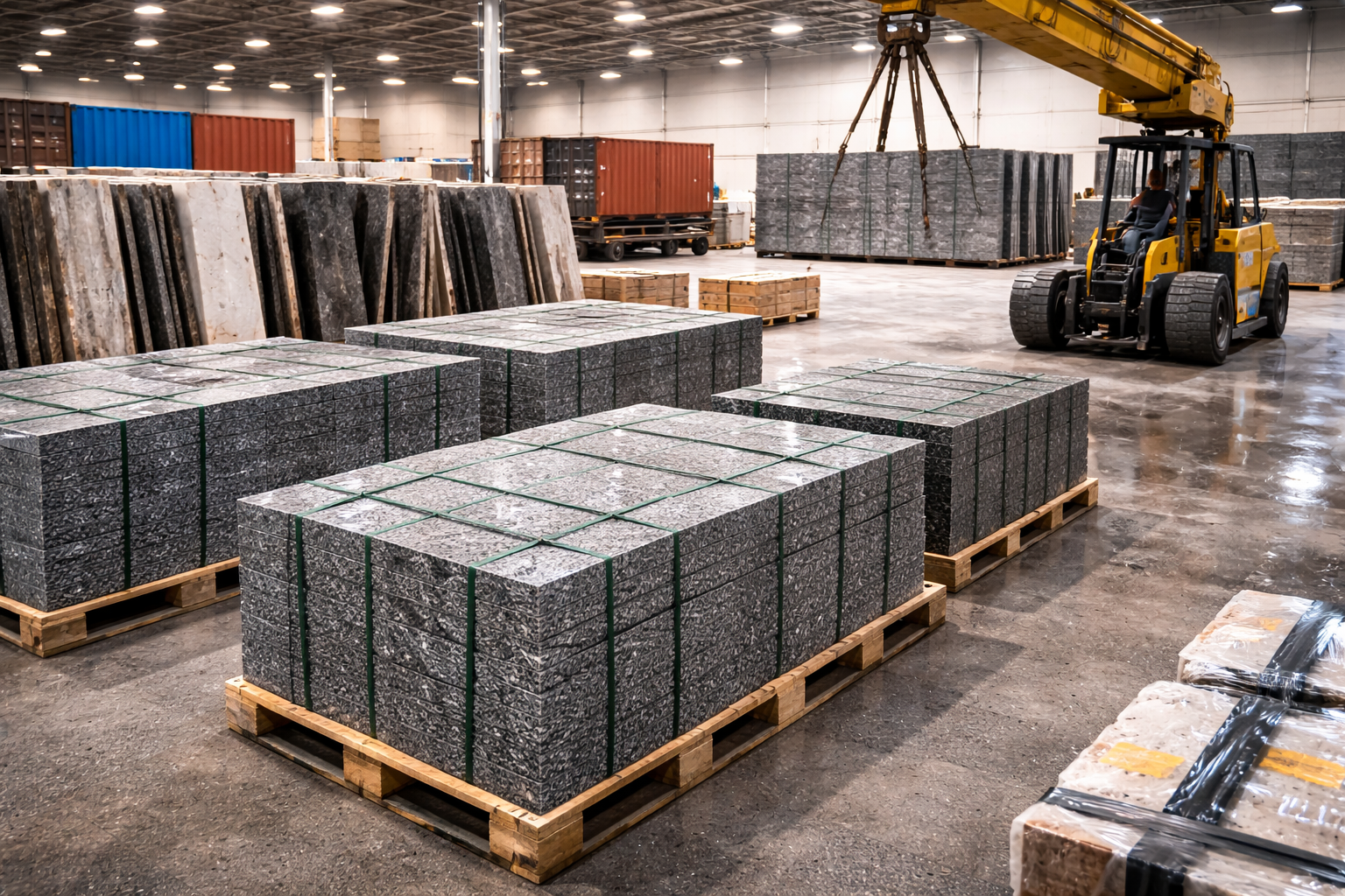 Granite distributor warehouse with polished slabs ready for wholesale supply