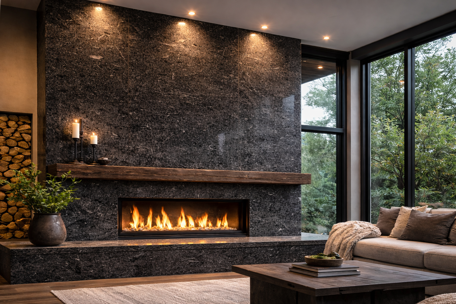 Granite feature wall with natural stone fireplace surround in a modern interior