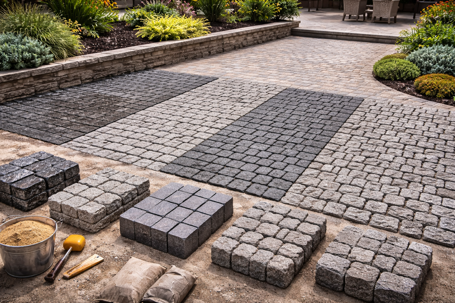 Granite cobblestones laid in a professional paving pattern for driveways and walkways