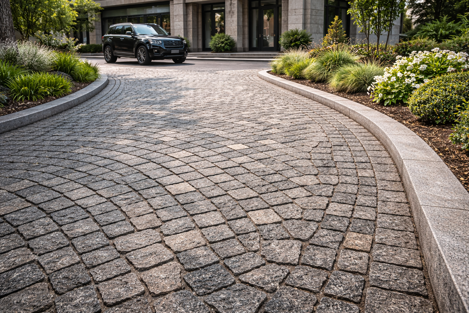 Granite driveway installation showcasing durable natural stone for vehicle traffic areas