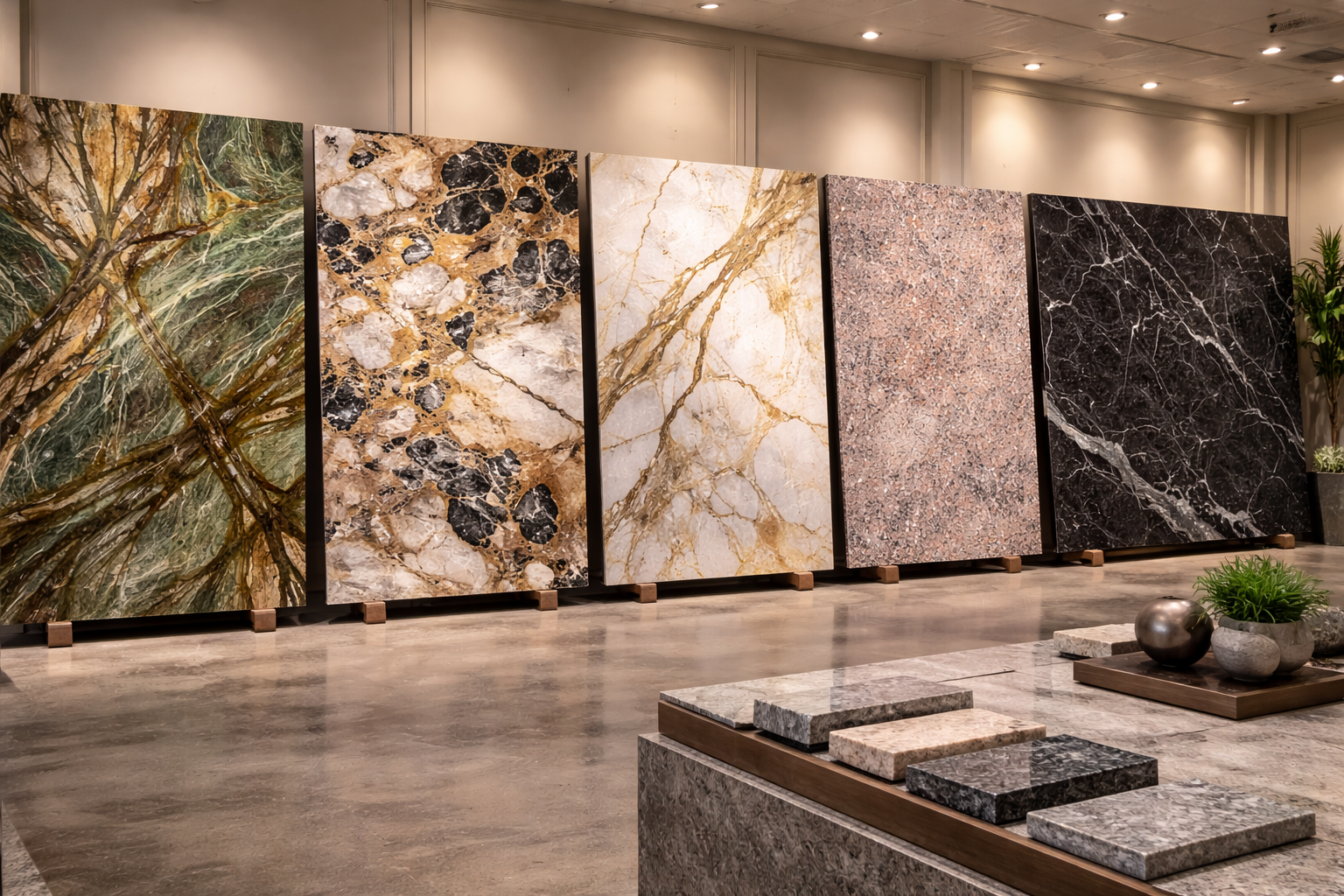 Exotic granite and quartzite slabs including Rain Forest Green and Patagonia varieties