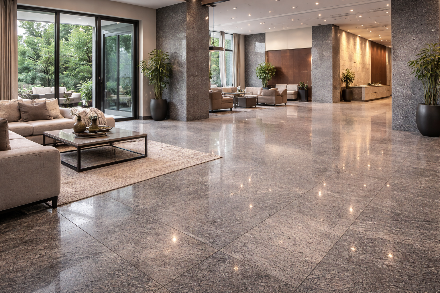 Polished granite flooring in a commercial building showing durability and elegance