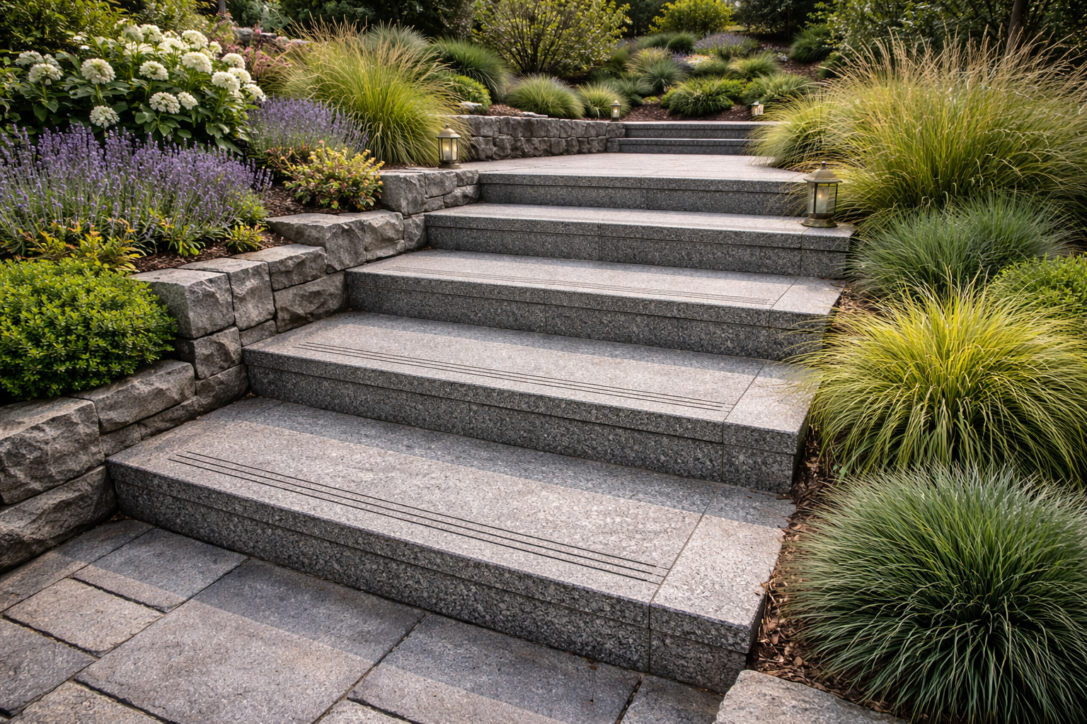 Granite staircase with slip-resistant treads and polished nosing detail
