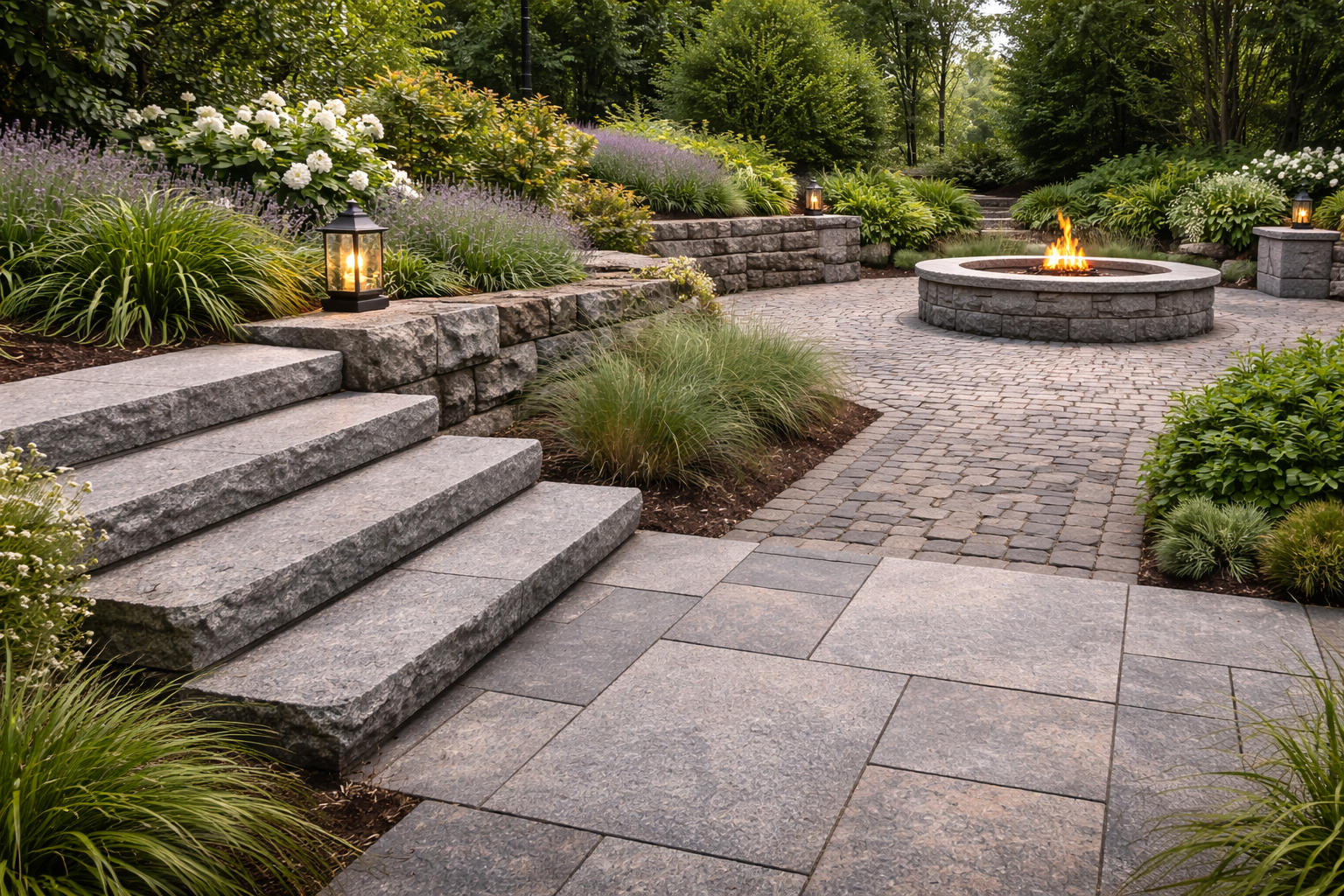 Granite pavers and cobbles in an outdoor landscaping project with retaining walls